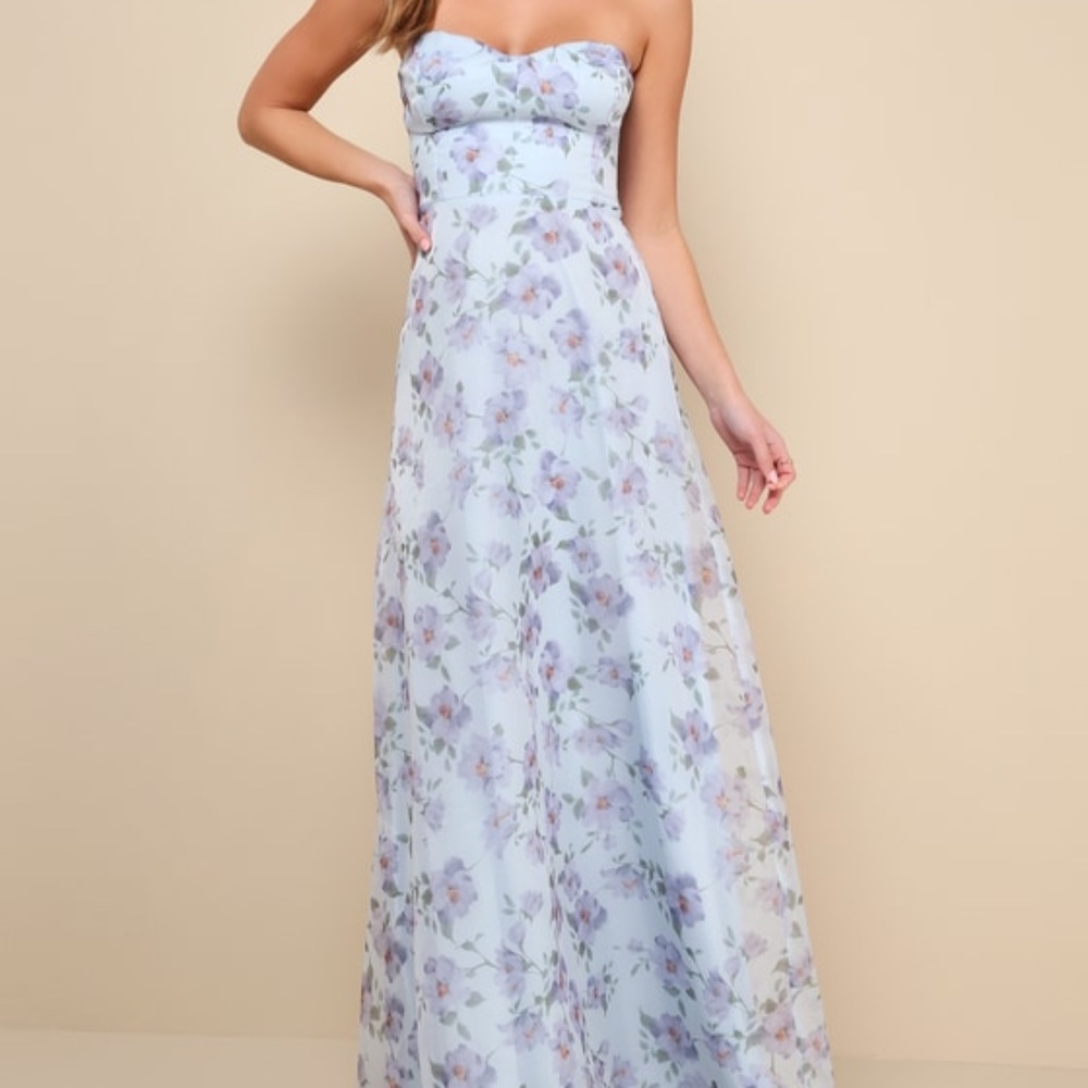 Lulus Chic Preciousness Light Blue Floral Organza Bustier Maxi Dress - Size M